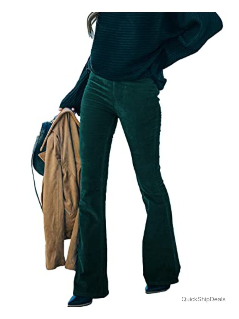 Corduroy Flare Pants Elastic Waist Slim Fit Bell Bottom Wide Leg Long Trousers